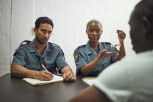 Two police officers questioning a defendant during a criminal investigation, illustrating legal guidance from a Carlsbad criminal defense lawyer.